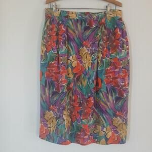 Vintage August Silk Womens Artsy Silk Midi Skirt Size 1X Colorful Retro
